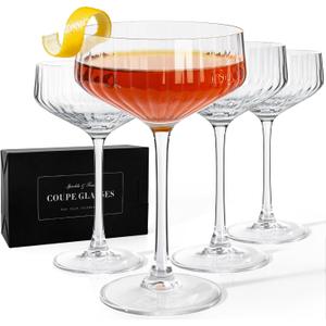 VIMERPA Coupe Glasses, 10oz Ribbed Coupe Martini Glass Set of 4, for Martini Cocktail, Wine, Champagne, Espresso, Crystal Retro Style for Cocktail Bar Drinks, Vintage Art Deco Glassware