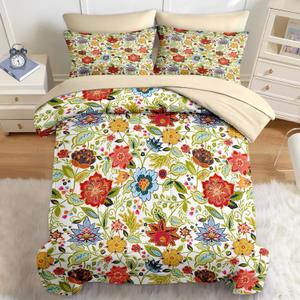 Nesker 7 Pcs Spring Comforter Set Queen Size, Floral Boho Bedding Set for Kids and Adults, Vibrant Leaves Bed Sheet Sets with Fitted Sheet 2 Pillowcases & 2 Shams