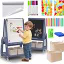Art Easel for Kids 2-4 with Wheels, Whiteboard, Chalkboard & Paper Roll Adjustable Height 3-in-1 Toddler Easel for 2-4 Year Old Painting Easel for Kids with Storage & Accessories, Blue