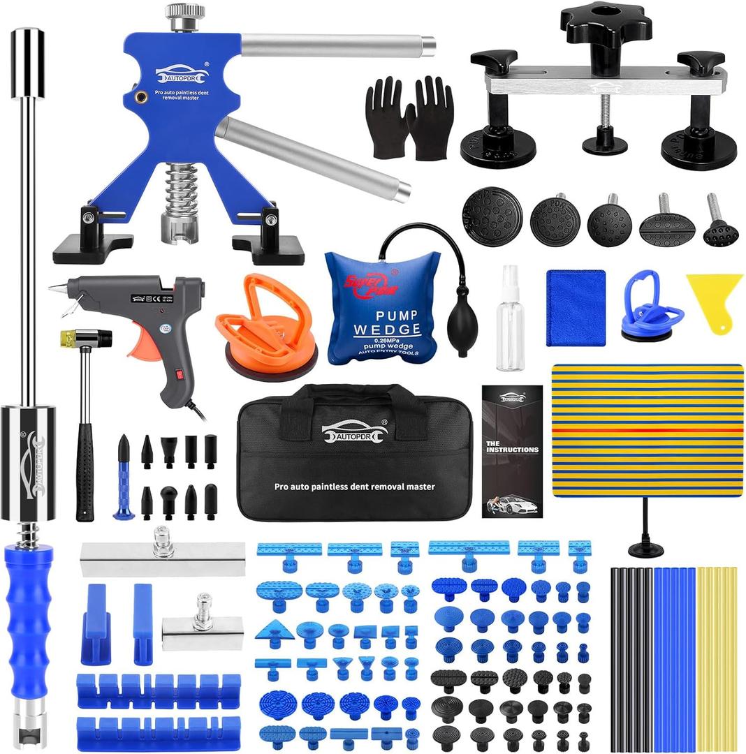 AUTOPDR Fully Upgraded Paintless Dent Removal Kit for Car Dent Repair, with Glue Remover, Line Board, and Spiralized Slide Hammer T-Bar - Ideal for Doors, Fenders and Suitable for 98% of Car Dents