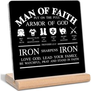 Christian Gifts for Men, Man of Faith Put on the Full Armor of God Quotes Bible Verse Acrylic Plaque Sign, Inspirational Bible Gifts for Office Home Decor (Black)