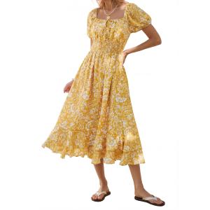 Yellow Maxi Floral Spring Dresses for Women 2026, Elegant Short Sleeve Bridal Shower Dresses for Guest, Long Flowy Dresses S (Yellow, S)