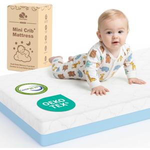Dual Sided Pack and Play Mattress, 3 Inch Thick Soft & Firm Memory Foam Breathable Portable Pack n Play Mattresses, 4 in1 Baby Playpen Mattresses with Removable Washable Cover - 38x26x3 Inch (White & Blue)