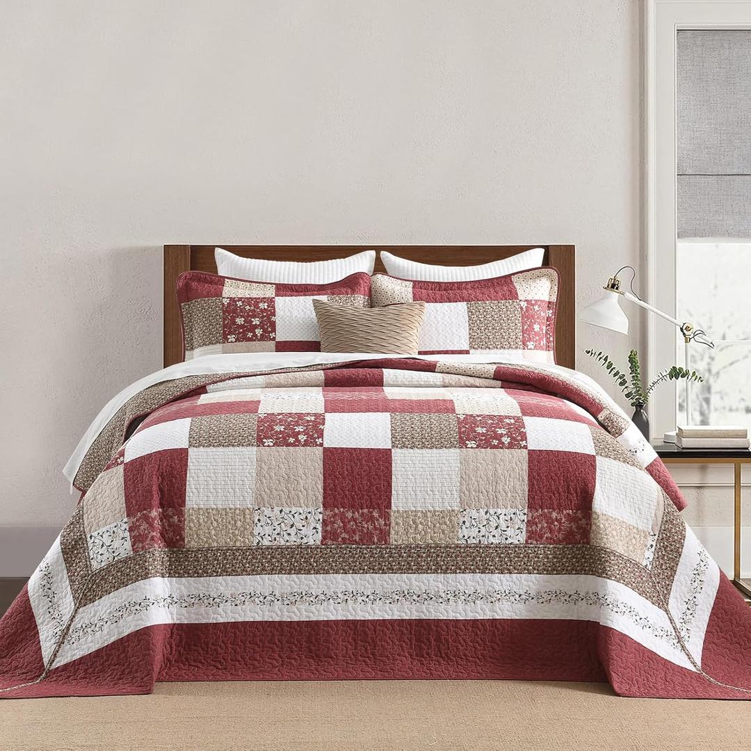 100% Cotton Queen Bedspread 120"x102", Oversized Quilt Set, Extra Wide Bedspread Coverlet, Plaid Floral Pattern, Lightweight Quilted Reversible Bedding Set, 3 Piece, Cream/Burgundy