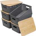 Soddeph Plastic Storage Baskets With Bamboo Lid for Organizing,Small Stackable Box Containers for Shelves, Drawers, Closet, Office, and Desktop (Gray, 6 Pack)
