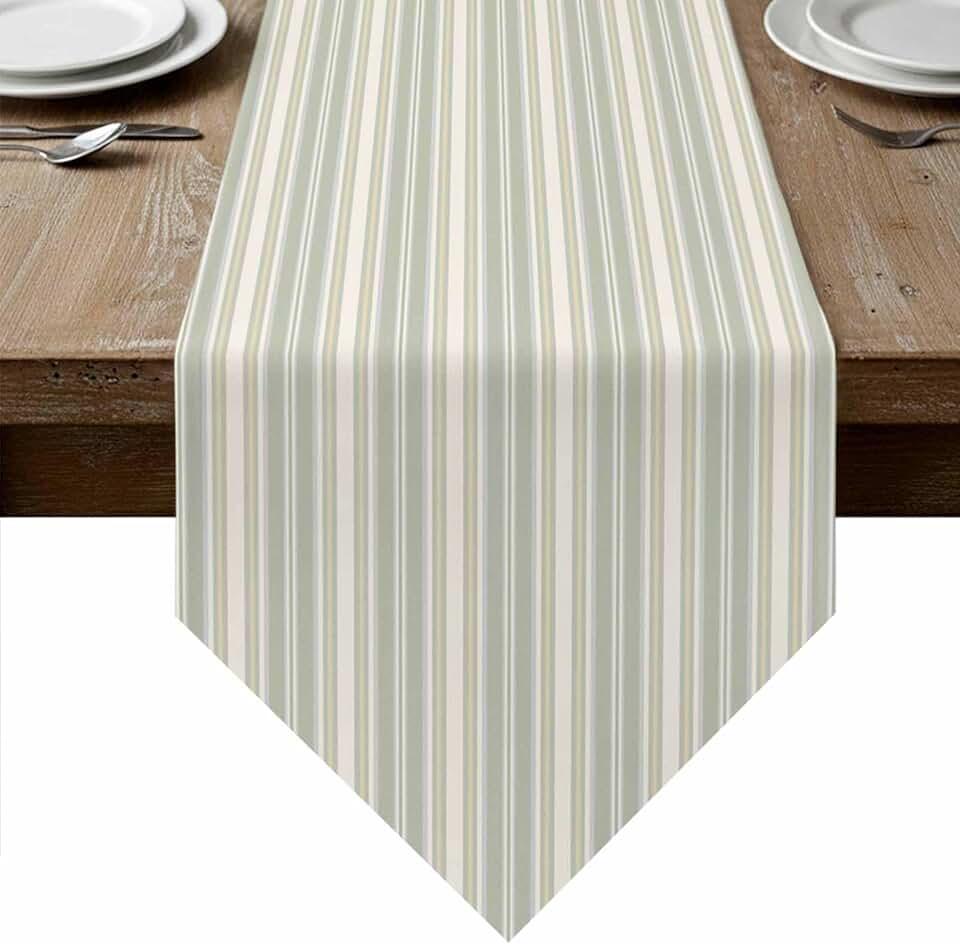 Table Runners 120 Inches Long, Light Green Lines Cotton Linen Kitchen Dining Coffee Table Runner for Party Homer Decor, Retro Minimalist Stripes Pattern Tabletop Runner Decor 13x120 Inch