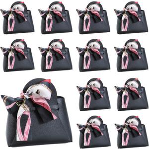 LPEIEB 12 Pack Leather Ribbon Candy Bag Gift Bags PU Wedding Gift Bags with Handle Ribbon Reusable Party Favor Boxes for Weddings Birthdays Christmas Baby Showers Halloween(Black)