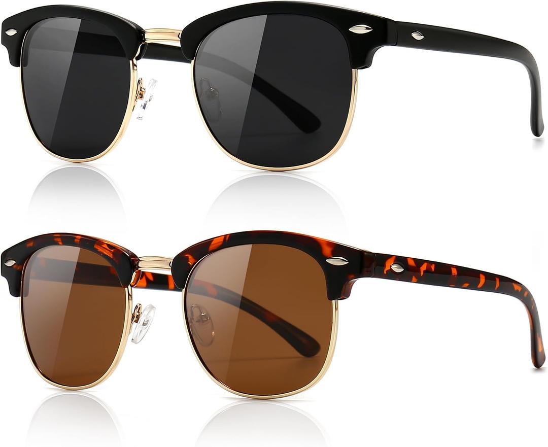 SUNGAIT Polarized Sunglasses for Men and Women, Classic Half-Frame Retro Shades for Driving, Travel, and Outdoor Activities,  Lens Type Polarized, Color: 2-pack: Black/Gray + Glossy Amber/Brown