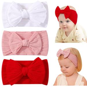 jollybows 3PCS Baby Bows Headbands Soft Nylon Baby Girl Headbands for Newborn Infant Toddler Kids Christmas Bow Wide Hairbands Hair Accessories(White Pink Red)