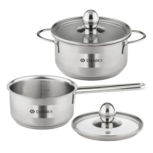 Daniks Mini Stainless Steel Cookware Set, 4-Piece – Induction Compatible, Dishwasher Safe, Heat-Resistant Handles, Glass Lids, Silver