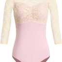 HROYL Women's 3/4 Sleeve Lace Leotards Ballet Dance Gymnastics Bodysuit, Pink