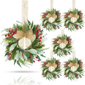 6 Pcs 9 Inch Mini Christmas Lambs Ear Wreaths for Kitchen Cabinet Small Eucalyptus Wreaths Xmas Lambs Ear Candle Rings Wreath for Christmas Front Door Porch Wall Window Indoor Outdoor Decorations
