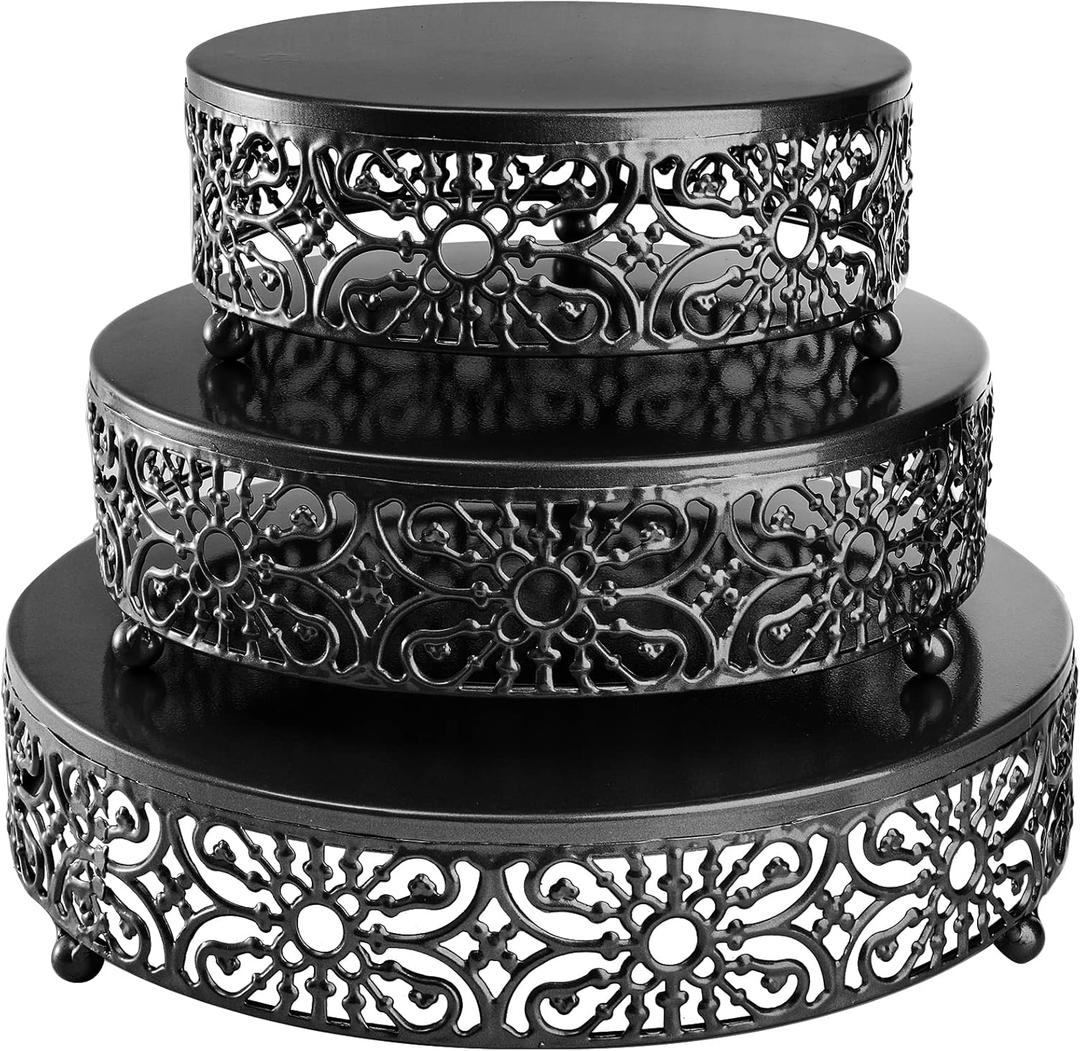 Hedume Set of 3 Metal Cake Stand, Black Round Cake Stand, 8" 10" 12" Dessert Cupcake Pastry Candy Display Plate for Wedding, Event, Birthday Party