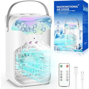 Portable Air Conditioner Cooling Fan with Remote, Quiet with 3 Speeds, 1500ml Air Cooler Fan with 2 Mist, 7 Night Light, 6H Timer, Small Air Conditioner for Bedroom Office