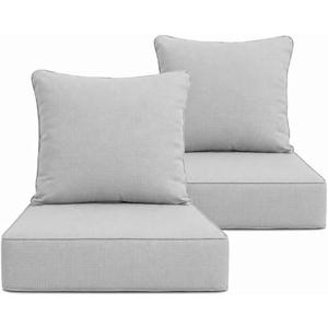 Outdoor Deep Seat Cushions Set of 2, 24 x 24 x 6 Inches Olefin Fabric Waterproof & Fade Resistant, Patio Furniture Replacement Cushions for Couch, Chair, and Sofa, Grey