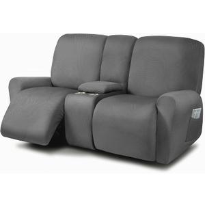 ULTICOR Reclining Love Seat with Middle Console Slipcover, 8-Piece Yarn Dyed Loveseat Reclining Sofa Covers, 2 seat Loveseat Recliner Cover, Thick, Soft, Washable (Dark Grey)