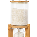 HBlife 5-7 Lbs Glass Rice Dispenser with Wooden Stand Flour and Cereal Container with Glass Measuring Cup Pantry Food Organization Storage Bin with Airtight Bamboo Lid, 3L