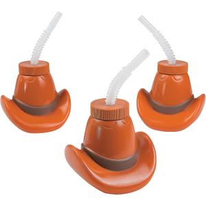 Fun Express Cowboy Party Favors - Western Cups with Lids & Straws 12 Pack | Cowgirl Birthday Party Supplies for Kids | Rodeo Themed Celebrations | Plastic Cowboy Hat Cups 15oz | Boot Cup Design