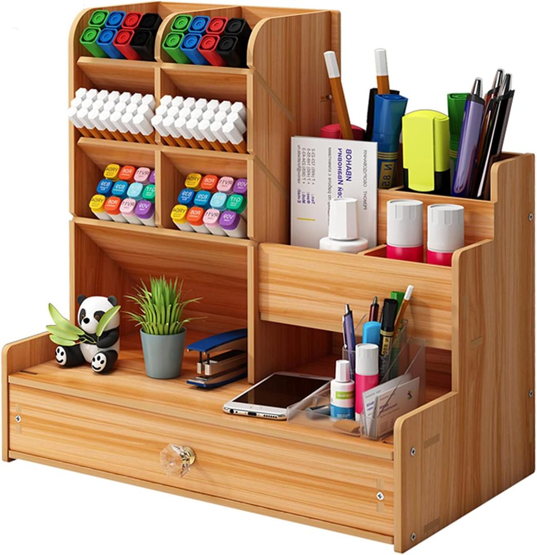 Marbrasse Upgraded Wooden Pencil Holder, Pen Organizer for Desk, Easy Assembly, Art Supply Organizer, Desktop Stationary (Cherry)