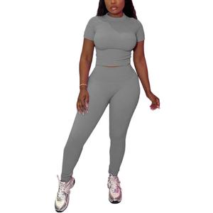 HBQ Women Two Piece Outfits Workout Sets Ribbed Casual Jogging Suits Short Sleeve Tracksuits (Small, Dark Grey)
