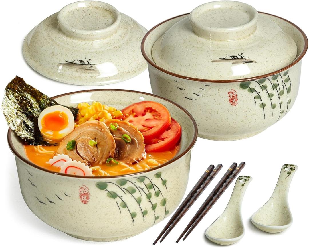 Ceramic Ramen Bowl Set of 2, Ramen Noodle Bowl with Lid 27oz Japanese Retro Style Soup, Pho, Udon Bowls, Matching Spoons and Chopsticks for Microwave & Dishwasher Safe, Twig