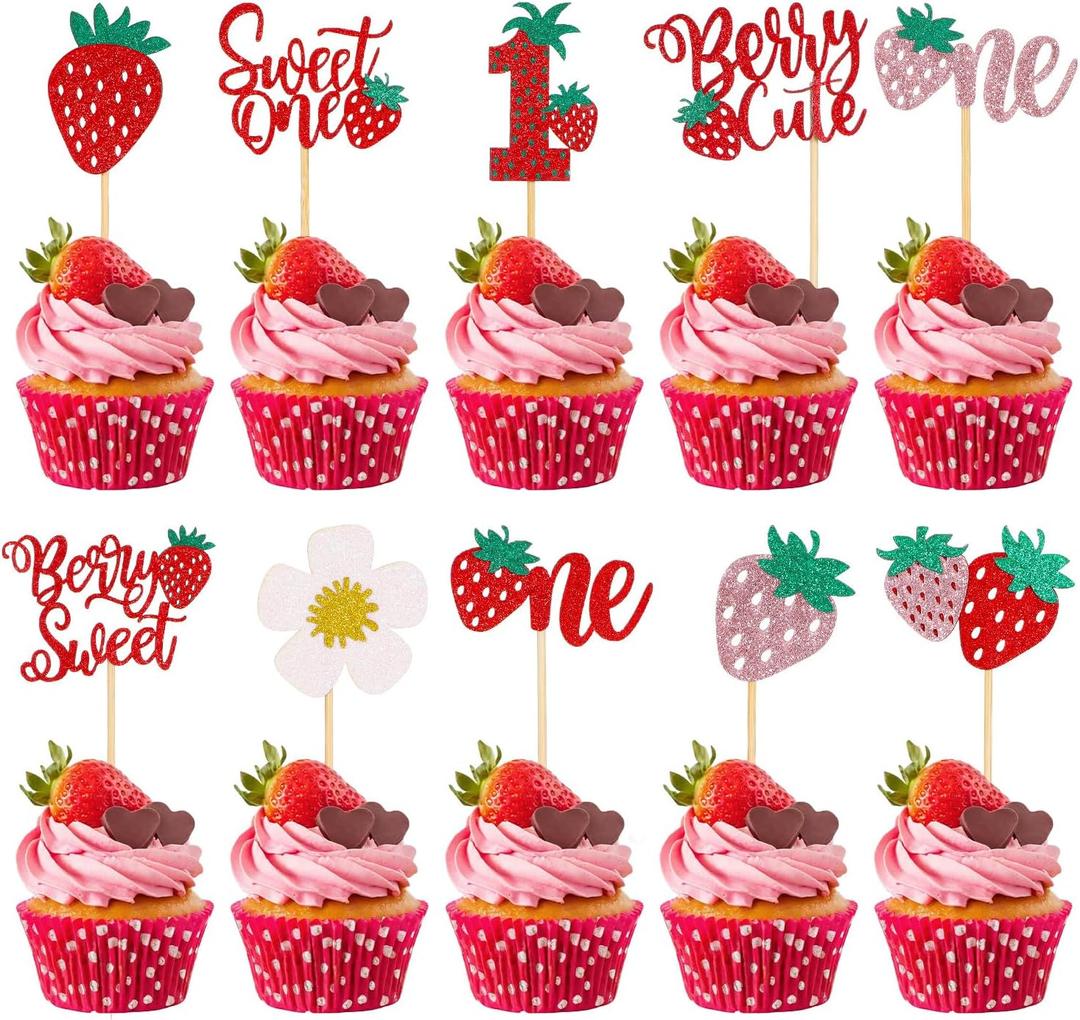40 Pcs Sweet One Strawberr Cupcake Toppers, Glitter Berry Sweet 1st Birthday Strawberry Cupcake Picks, Birthday Party Cake Decorations Supplies for Fruit Theme