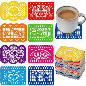 HunnmingRe 24 Pcs Fiesta Coasters for Mexican Table Protection with Papel Picado 4 Inches Absorbent Drinks Coasters for Cinco De Mayo Kitchen Decoration Taco Party Gifts Seder Decoration