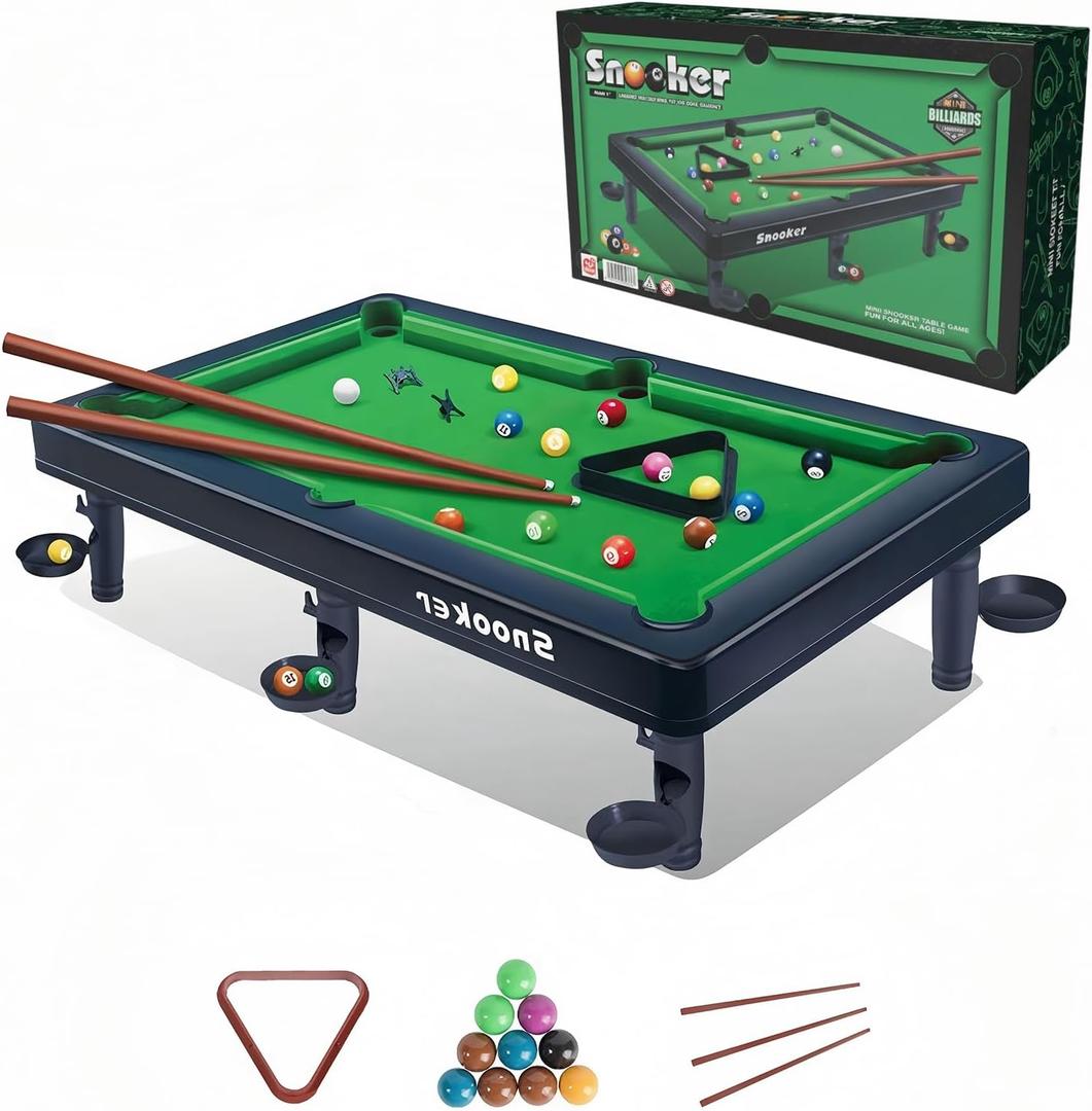 Mini Pool Table Toy  Portable Billiards Game Table for Kids & Adults, Desktop Billiard with Balls & Sticks, Family Game Night Gift for Boys Girls (Black & Green)