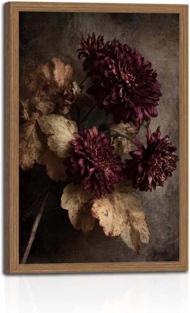 Framed Canvas Artwork - Dark Floral Chrysanthemums Elegant Wall Art Botanical Painting Vintage-Inspired Floral Print Nature Wall Décor Gallery-Style Picture16x24in