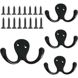 Wall Mount Coat Hooks,4 Pack,Rust Resistant Heavy Duty Metal Double Prong for Hanging Heavy Items, Wall Hooks with Screws for Kitchen,Bathroom,Wall Hooks for Hanging (Matte Black)