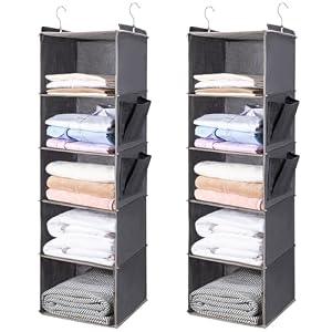 BOOMIBOO Hanging Closet Organize and Shelves，5-Hanging Shelf with 2 Side Pockets, Storage Foldable（2 Pack, Grey）