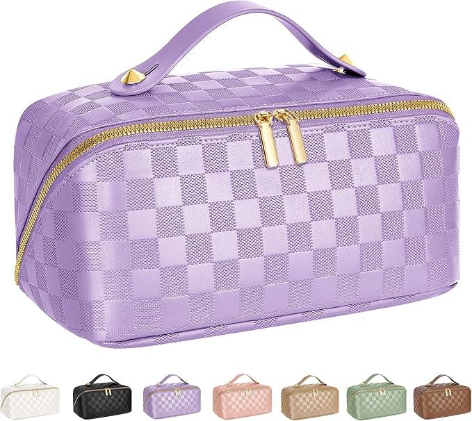 ALEXTINA Travel Makeup Bag, Vegan Leather Large Capacity Cosmetic Bags for Women,Waterproof Portable Pouch Open Flat Toiletry Bag Makeup Bag Organizer with Fixed Divider, Purple