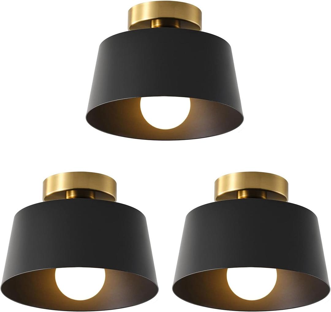 Ceiling Light Fixture, Hallway Ceiling Light with Gold Plate and Matte Black Shade, Modern Simple Style Porch Light Fixtures Semi Flush Mount (3 Pack Black)