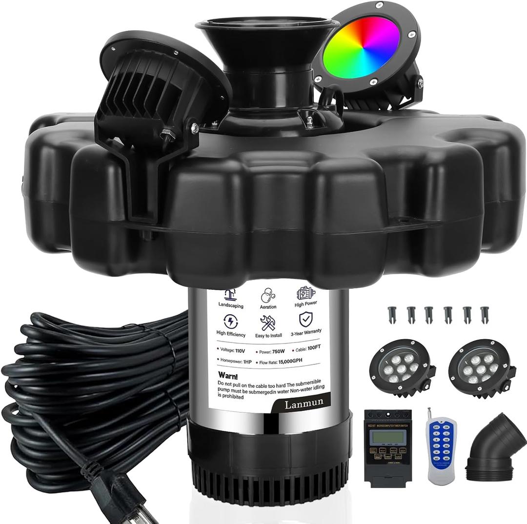 Pond Fountain Aerator, with 2 RGB Lights 1HP 110V 15000 GPH Pond Fountain Pump with Lights, Fully Automatic Lake Floating Fountain, 100 FT Power Cord, Pond Fountains for Small Large Ponds Lake