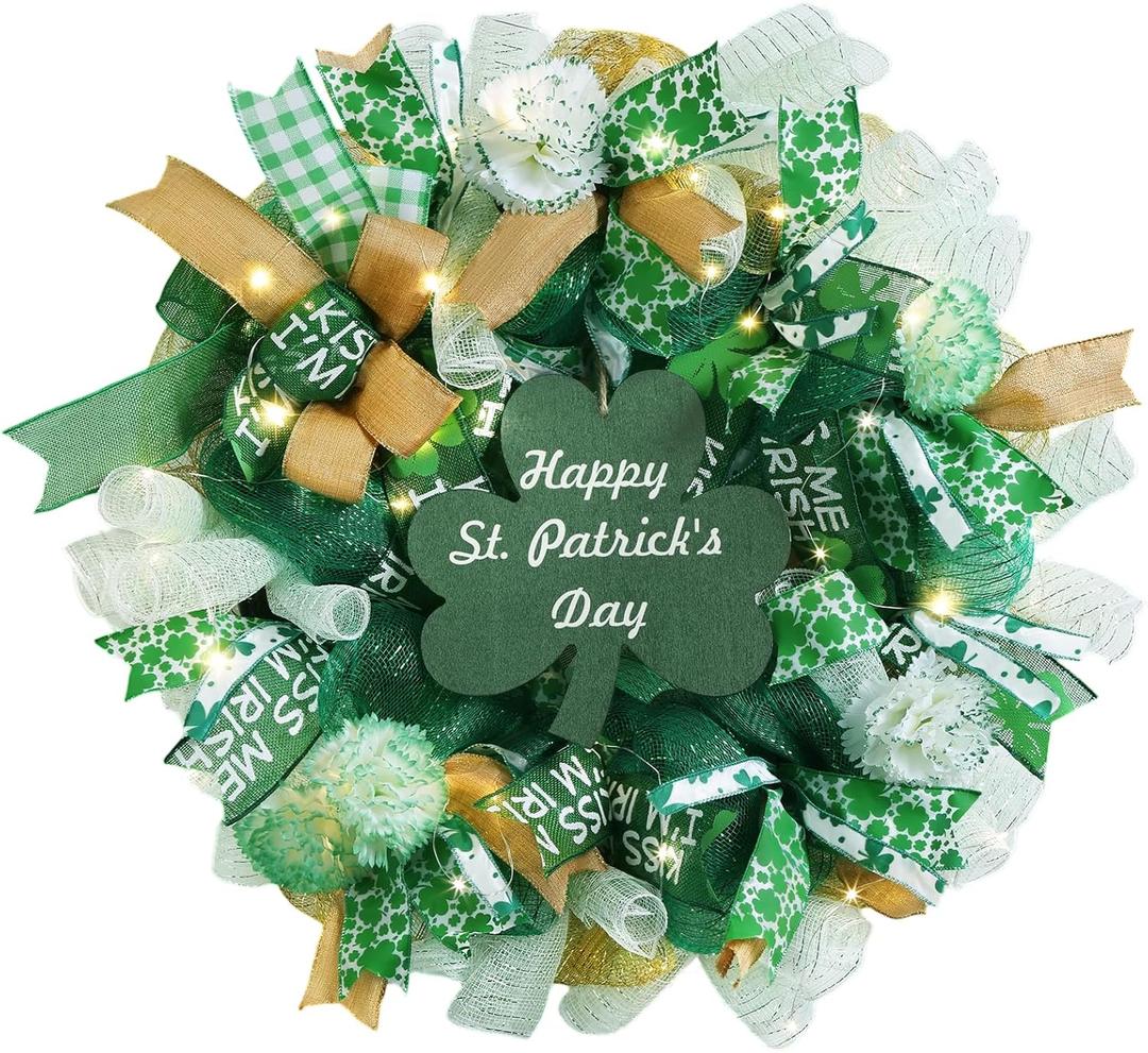 25 Inch Large St Patricks Day Decorations Wreath, Handmade Artificial Shamrock Wreath for Front Door with LED Lights, Kiss Me Im Irish for Wall Decor Window, Saint Paddys Day Decorations