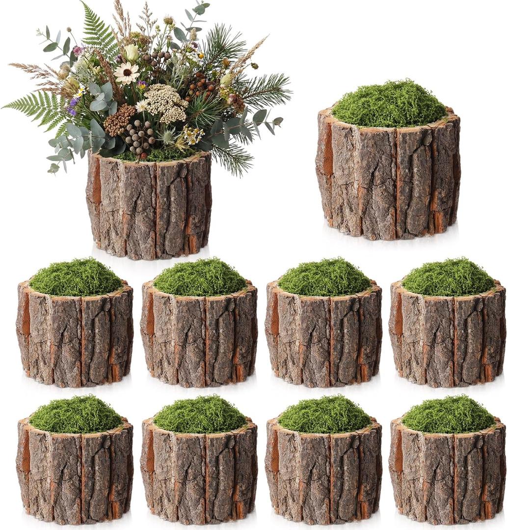 8 Set Wooden Vase for Centerpieces Wedding Flower Table Centerpieces Decor Rustic Bark Stump Bucket Farmhouse Wood Planter Pot for Woodland Party Window Home (Fake Green Moss,Large)