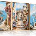 Large Italy Coast Street Framed Canvas Wall Art,Colorful Floal Europe Landscape Wall Decor,Nature Scenery Art Prints,Seascape Mediterranean Artwork for Living Room,Bedroom-16 x24 x3