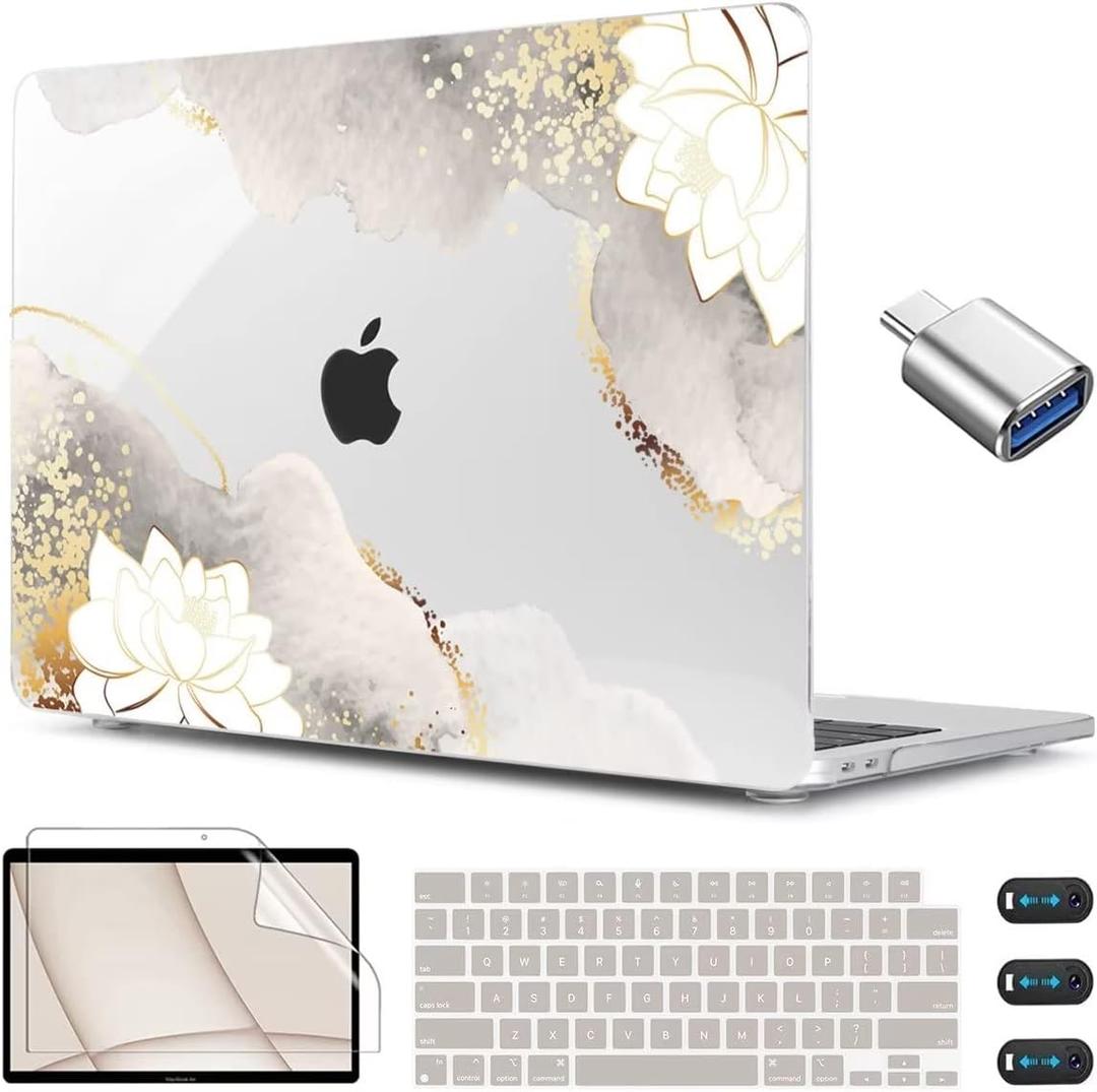 CISSOOK for MacBook Air 13.6 inch Case 2026 2025 2024 2023 2022 Release Model M3 A3113 M2 A2681, Lotus Hard Shell Case Keyboard Cover for MacBook Air 13 M2 M3 M4 Chip, Charming Painting