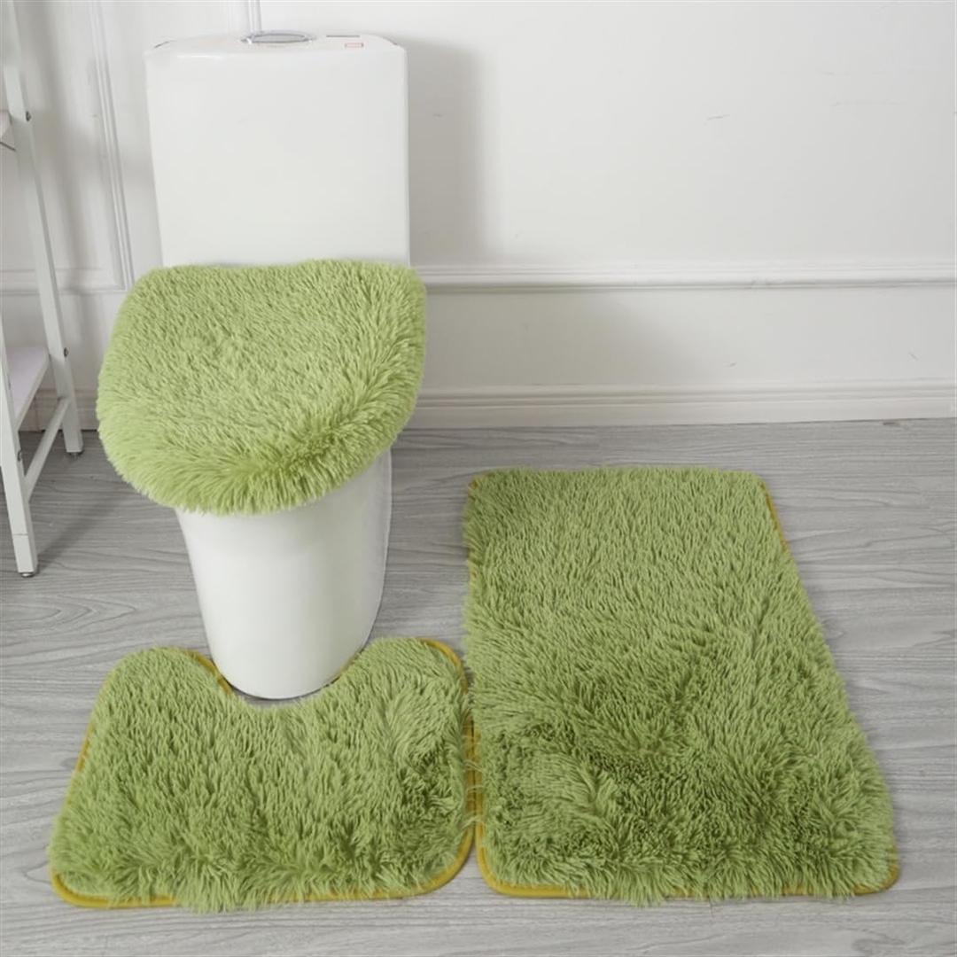 Bathroom Rugs Sets 3 Piece Thick Fluffy Soft Bathroom Rugs and U-Shaped Toilet Mat Washable Absorbent Floor Mat Dark Green (18" x 20"+20" x 32"+16" x 20")