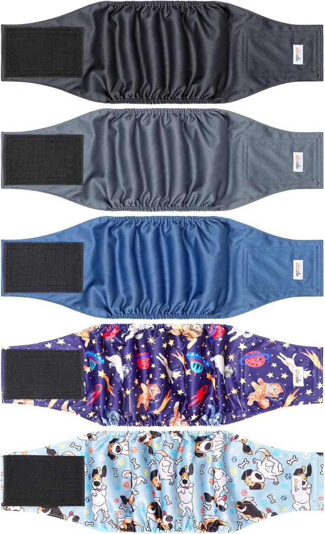 5 Pack Dog Diapers Male Reusable, Premium Belly Bands for Dogs, High Absorbing Male Dog Pee Wraps for Doggie in Incontinence or Excitable Urination and Training Black XS (Astronaut)