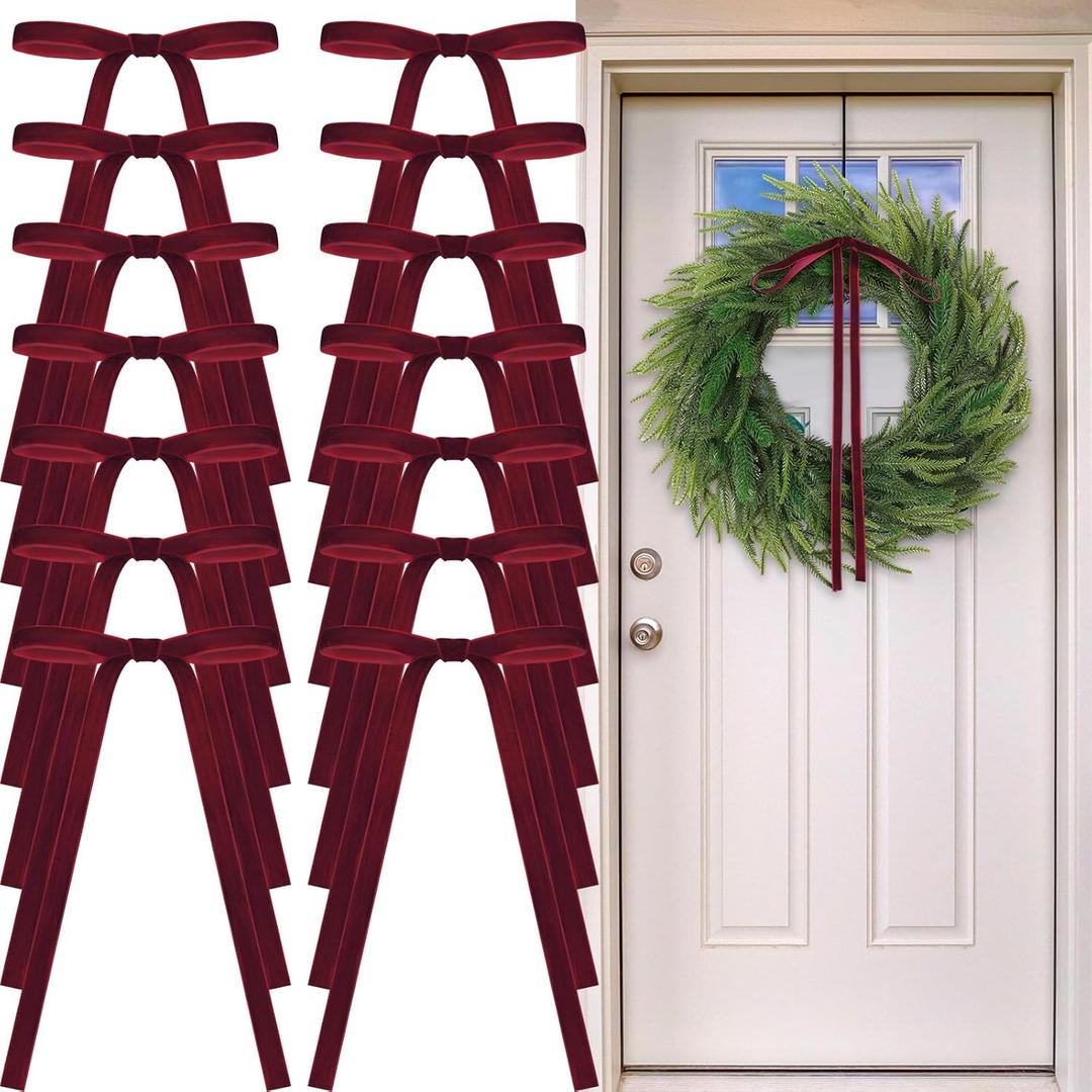 24 Pcs Velvet Bows for Christmas Tree Vintage Ribbon Bows for Crafts Garland Home Coquette Wedding Birthday Decor(9 x 13 Inch, Width of 3/8",Burgundy)