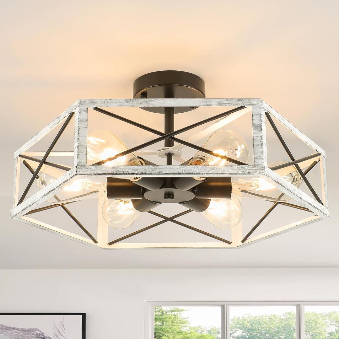 WILON Rustic Semi Flush Mount Ceiling Light, 19.68" Dining Room Light Fixture Oak White 6-Light Industrial Kitchen Lights Farmhouse Chandelier Ceiling Mount for Hallway Kitchen Foyer