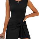Caracilia Women Summer Sleeveless Bodycon Tie Cinched Waist Romper Skort Mini Dress Built in Shorts Night Out Vacation Dress, M