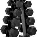 CAP Barbell Rubber Coated Hex Dumbbell Set with Storage Rack |  Options, Space-Saving Vertical Compact Storage for Home Gym Strength Training, Size: 150 lb - Set, Style: Black Handle