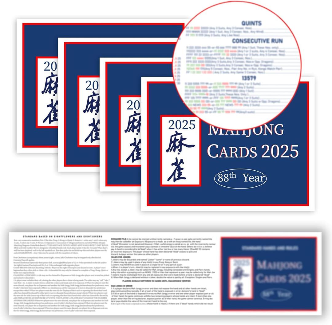 Mahjong Cards 2025, 4 PCS Mah Jongg Card Large Print, Easy to Read Rule Cards for Mah Jongg, Perfect Mahjong Accessories and Gifts for Mahjong Beginners (Blue)