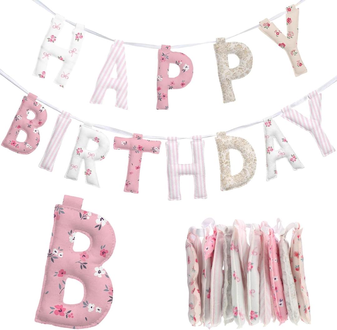 Suncalla Pre-strung Happy Birthday Banner Sign Reusable Felt Happy Birthday Garland Hanging Decorations Party Bunting Garland for Party Decor Photo Prop Home Backdrop(Floral)