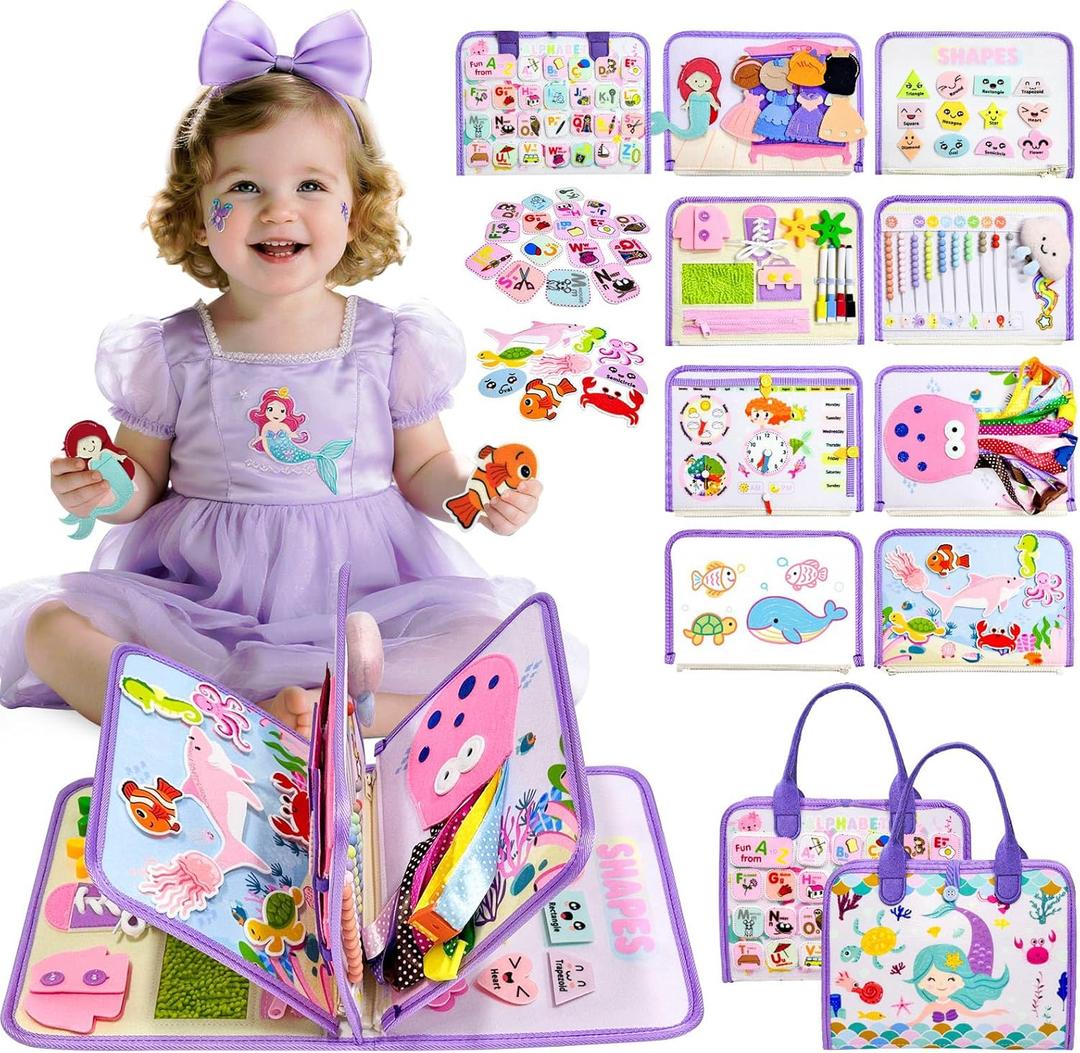 Aurasys Toddler Busy Board Montessori Toys for Girls Birthday Gift, Sensory Busy Book Educational Learning Activity Board for Toddler Girls, Travel Activities Toys for Airplane Car
