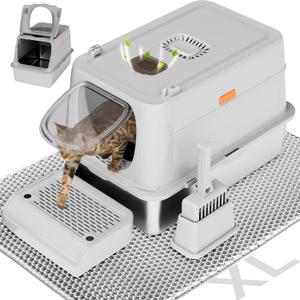 Citylife Stainless Steel Cat Litter Box with LidXL Extra Large Enclosed Removable Metal Litter Box with Litter Scoop&Double Layer Litter Mat,Non-StickyNon-Odor,Easy Cleaning, for Big CatsGrey