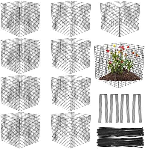 10 Pack Wire Plant Protectors Square Wire Plant Cages Mesh Plant Cage Chicken Wire Cloche with 40 Ground Stakes and 200 Nylon Ties Protect Plants, Garden,Shrubs and Vegetables from Animals, 12x12 inch