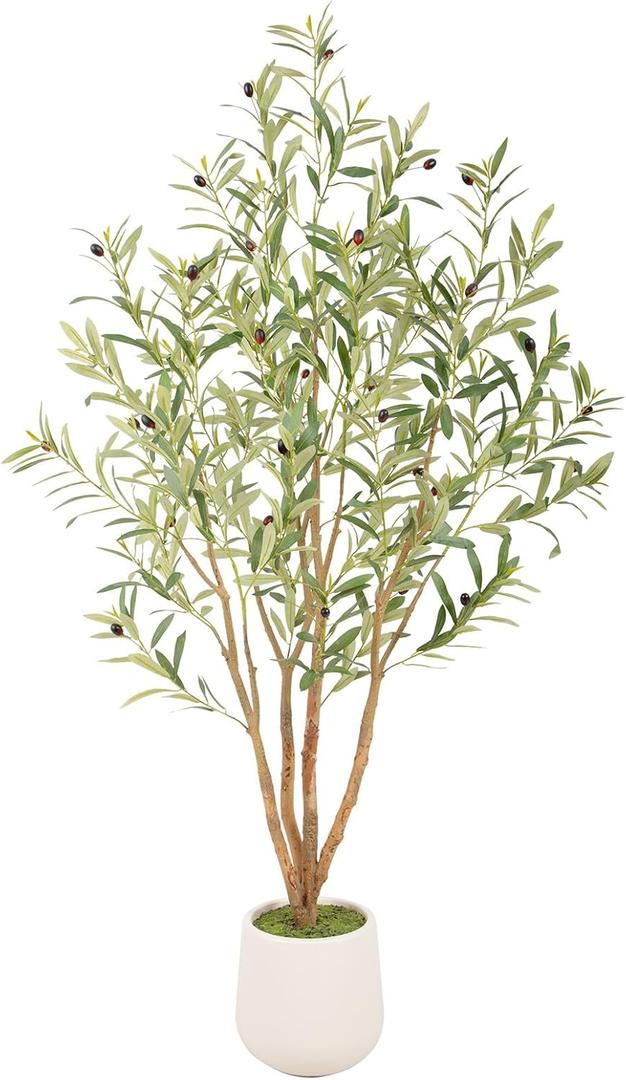 Bellacat 5ft Super Fuller Faux Olive Tree with White Decorative Planter & Multiple Real Wood Trunks, 60in Olive Trees Artificial Indoor with Realistic Fruit, Fake Olive Tree for Indoor & Outdoor Dcor